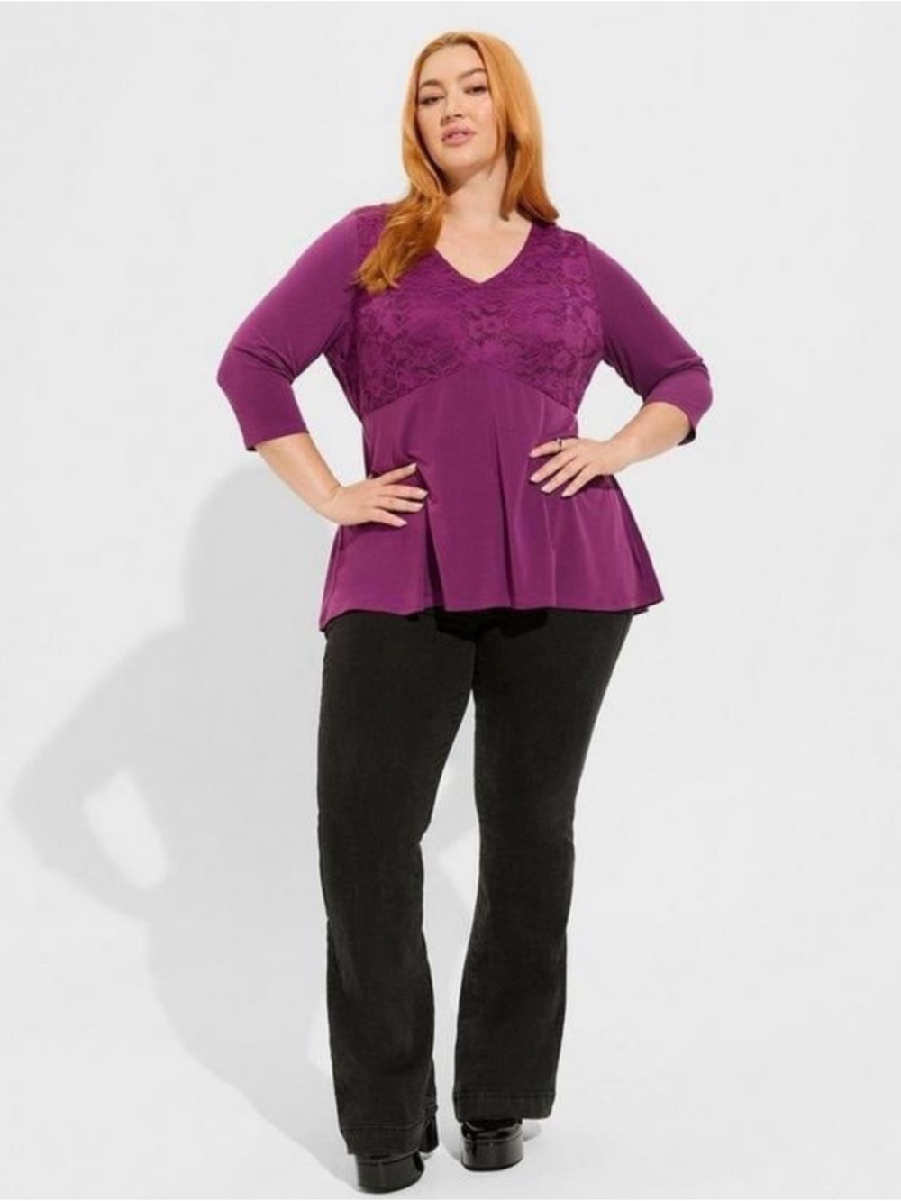 Torrid NWT Studio Knit Purple Lace V-Neck Babydoll 3/4 Sleeve Top Tunic Size 4X